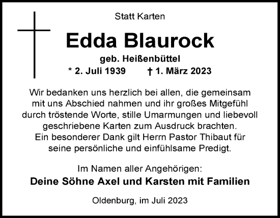 Traueranzeige von Edda Blaurock von Nordwest-Zeitung
