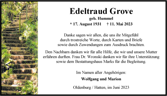 Traueranzeige von Edeltraud Grove von Nordwest-Zeitung