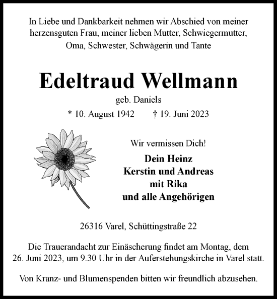 Traueranzeige von Edeltraud Wellmann von Nordwest-Zeitung
