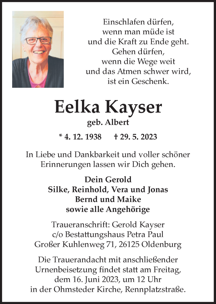  Traueranzeige für Eelka Kayser vom 06.06.2023 aus Nordwest-Zeitung