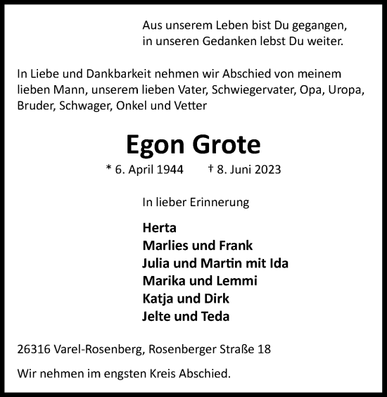 Traueranzeige von Egon Grote von Nordwest-Zeitung