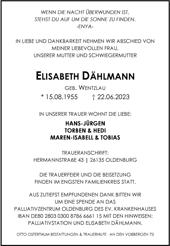 Traueranzeige von Elisabeth Dählmann von Nordwest-Zeitung