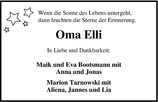 Traueranzeige von Elli Bootsmann von Nordwest-Zeitung