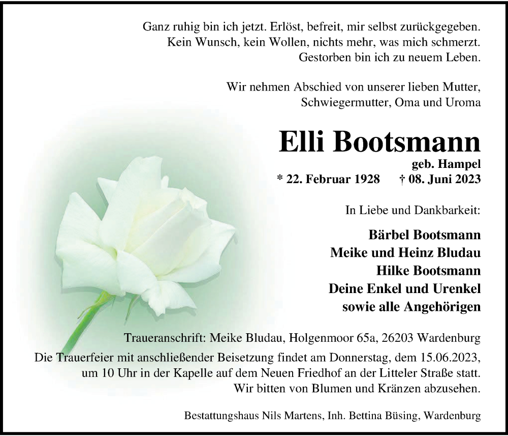  Traueranzeige für Elli Bootsmann vom 13.06.2023 aus Nordwest-Zeitung