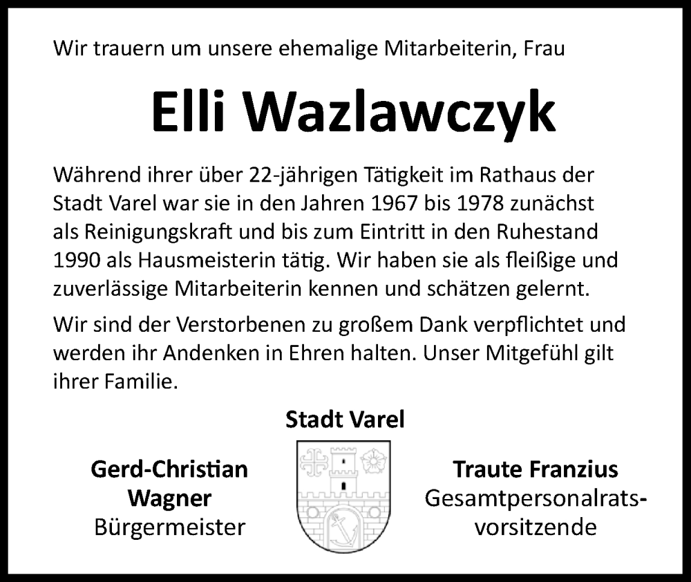  Traueranzeige für Elli Wazlawczyk vom 16.06.2023 aus Nordwest-Zeitung