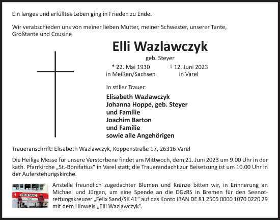 Traueranzeige von Elli Wazlawczyk von Nordwest-Zeitung
