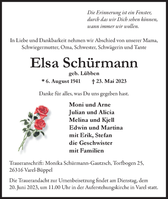 Traueranzeige von Elsa Schürmann von Nordwest-Zeitung