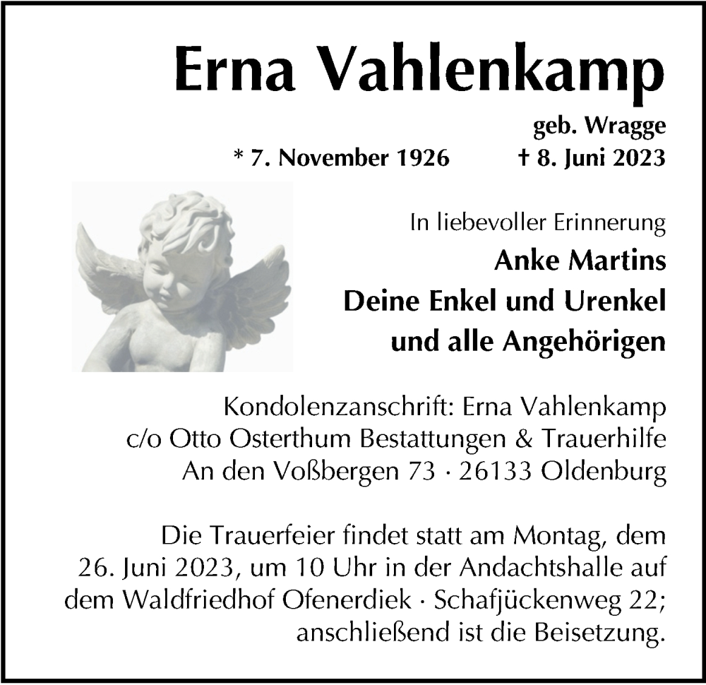  Traueranzeige für Erna Vahlenkamp vom 13.06.2023 aus Nordwest-Zeitung