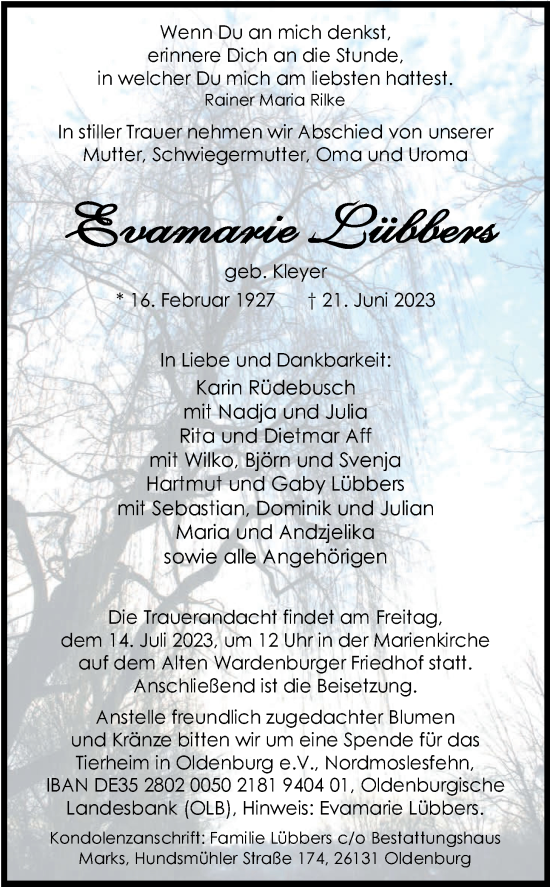 Traueranzeige von Evamarie Lübbers von Nordwest-Zeitung