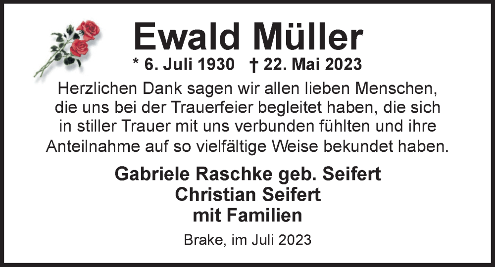  Traueranzeige für Ewald Müller vom 01.07.2023 aus Nordwest-Zeitung