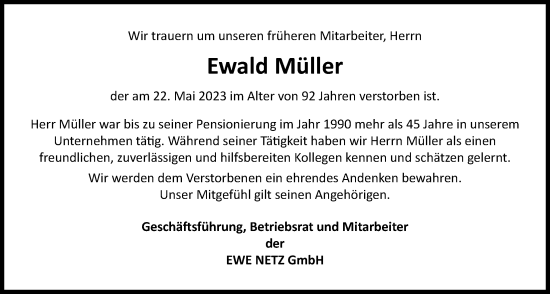 Traueranzeige von Ewald Müller von Nordwest-Zeitung