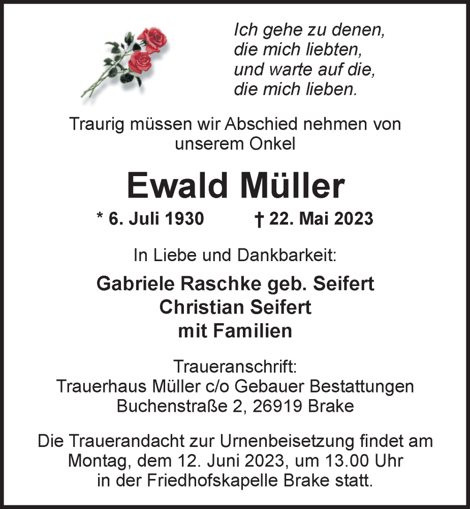  Traueranzeige für Ewald Müller vom 03.06.2023 aus Nordwest-Zeitung