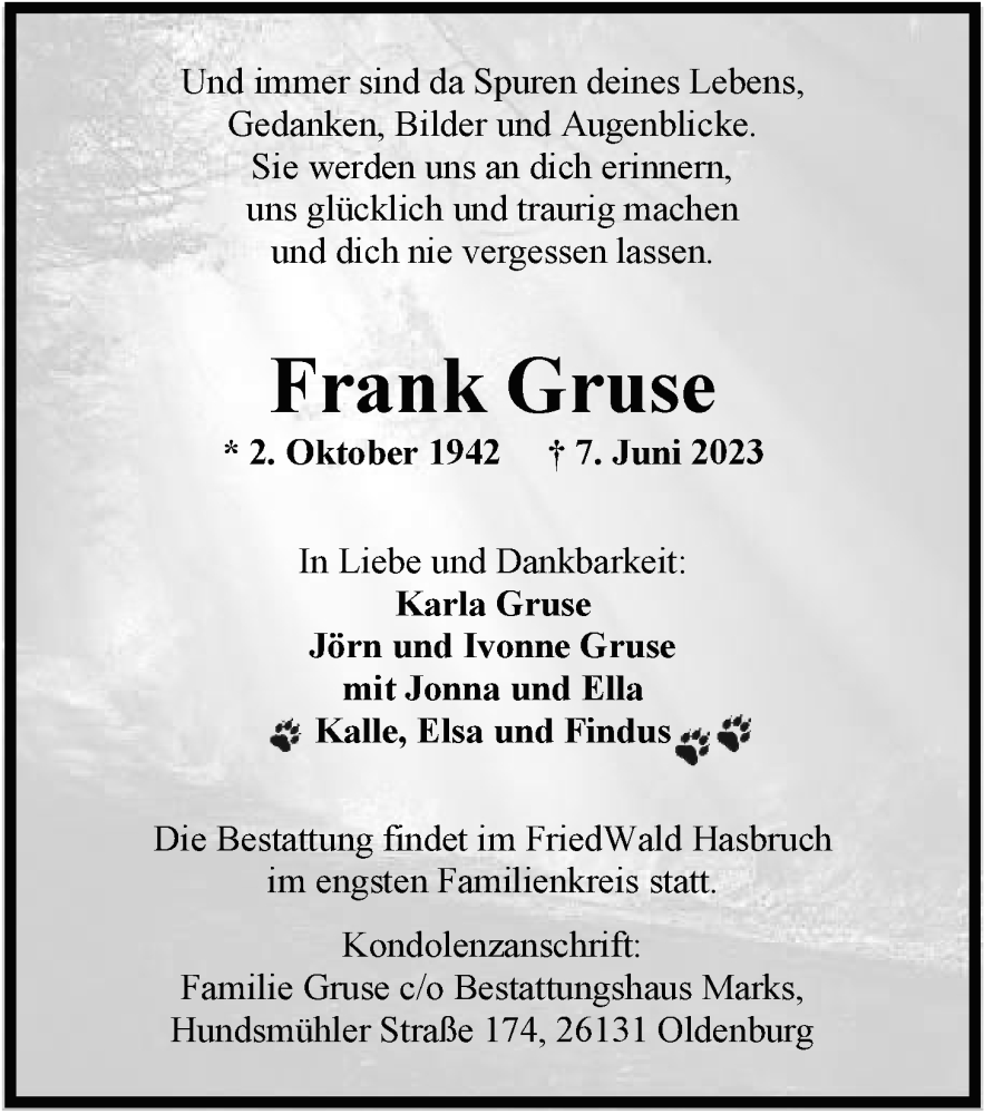  Traueranzeige für Frank Gruse vom 17.06.2023 aus Nordwest-Zeitung