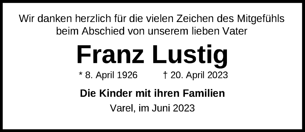  Traueranzeige für Franz Lustig vom 02.06.2023 aus Nordwest-Zeitung