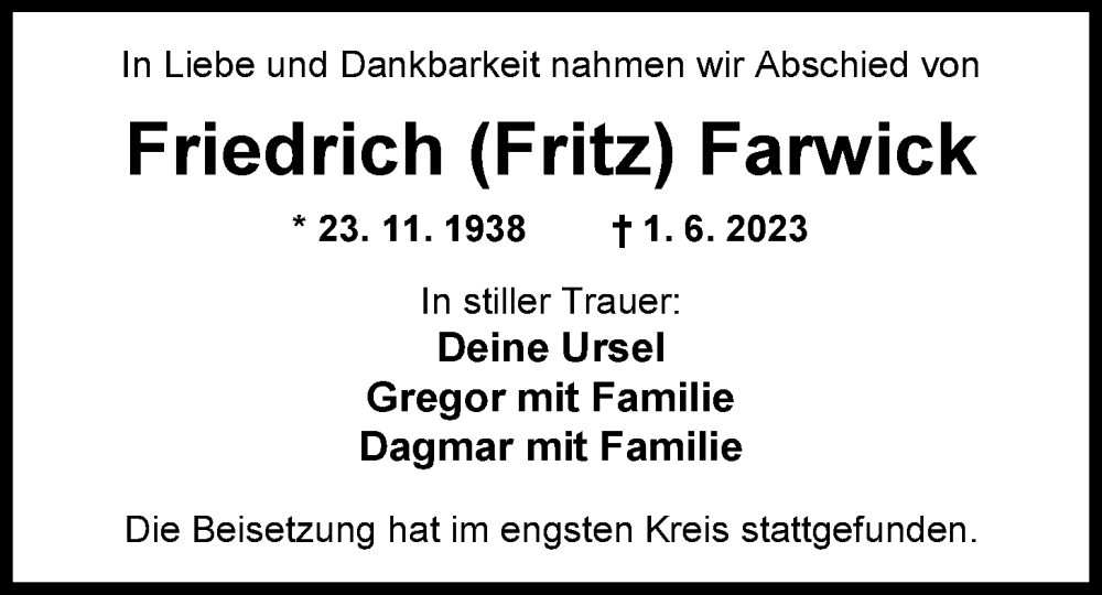  Traueranzeige für Friedrich (Fritz) Farwick vom 24.06.2023 aus Nordwest-Zeitung