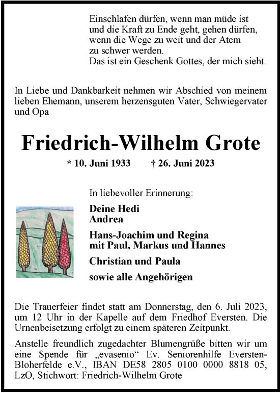 Traueranzeige von Friedrich-Wilhelm Grote von Nordwest-Zeitung
