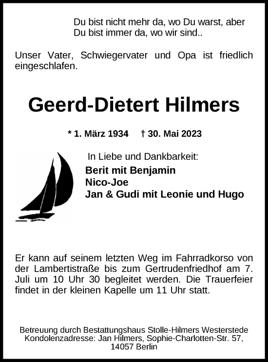 Traueranzeige von Geerd-Dietert Hilmers von Nordwest-Zeitung