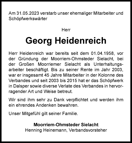 Traueranzeige von Georg Heidenreich von Nordwest-Zeitung