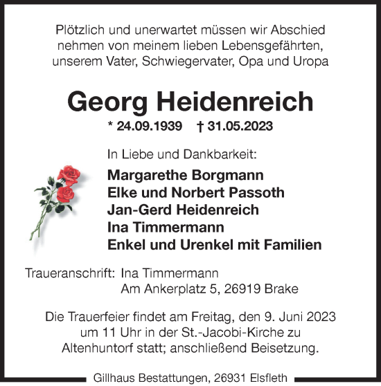 Traueranzeige von Georg Heidenreich von Nordwest-Zeitung