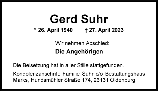 Traueranzeige von Gerd Suhr von Nordwest-Zeitung