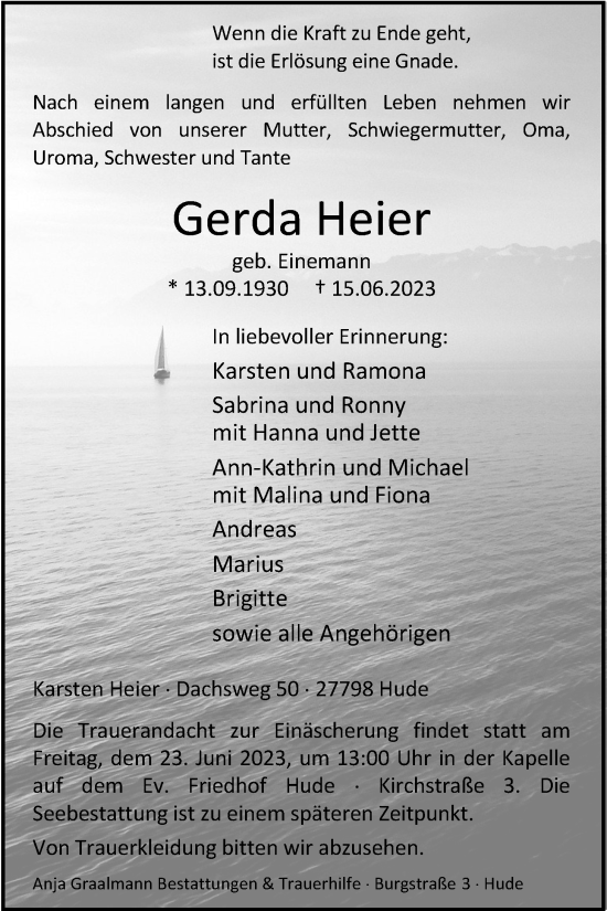 Traueranzeige von Gerda Heier von Nordwest-Zeitung