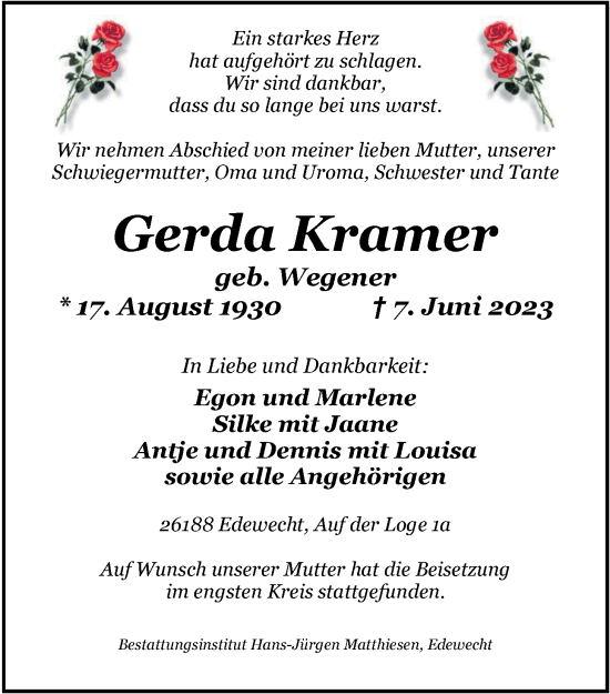 Traueranzeige von Gerda Kramer von Nordwest-Zeitung