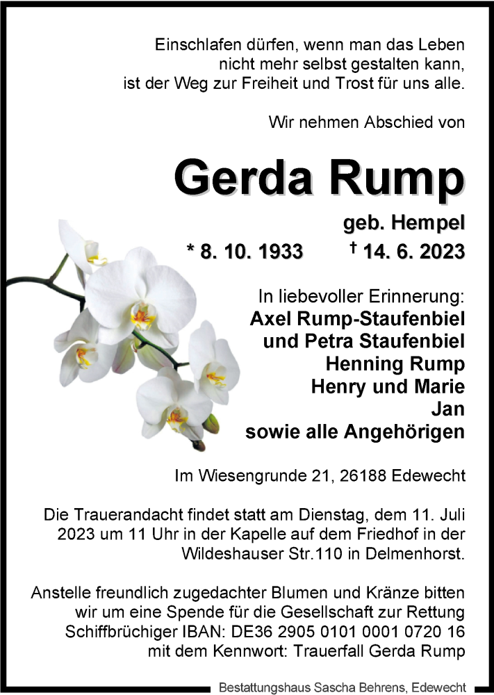  Traueranzeige für Gerda Rump vom 01.07.2023 aus Nordwest-Zeitung
