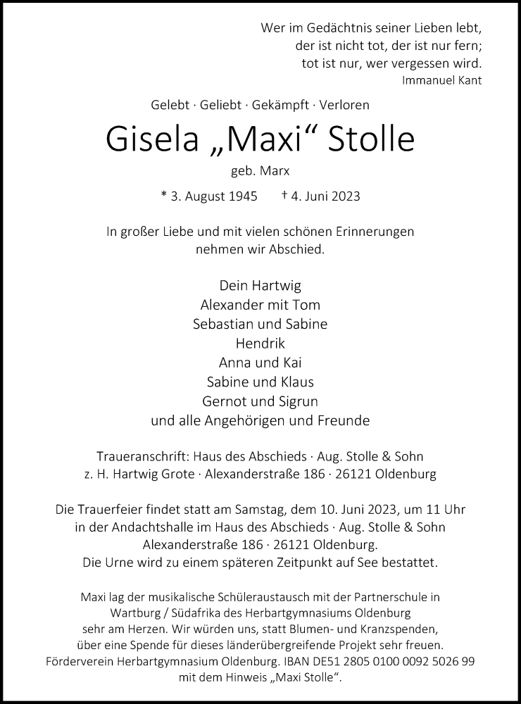  Traueranzeige für Gisela Stolle vom 06.06.2023 aus Nordwest-Zeitung