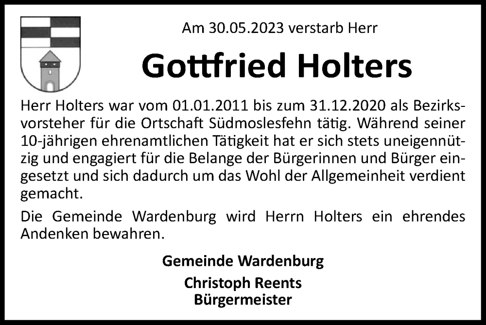  Traueranzeige für Gottfried Holters vom 30.06.2023 aus Nordwest-Zeitung