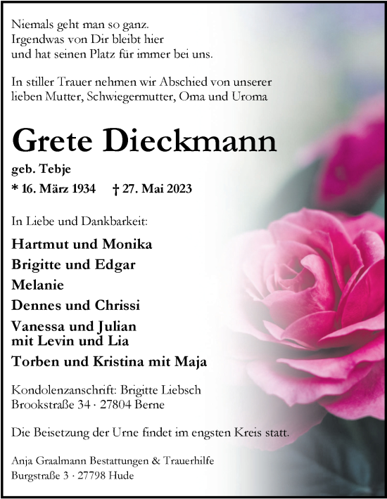 Traueranzeige von Grete Dieckmann von Nordwest-Zeitung