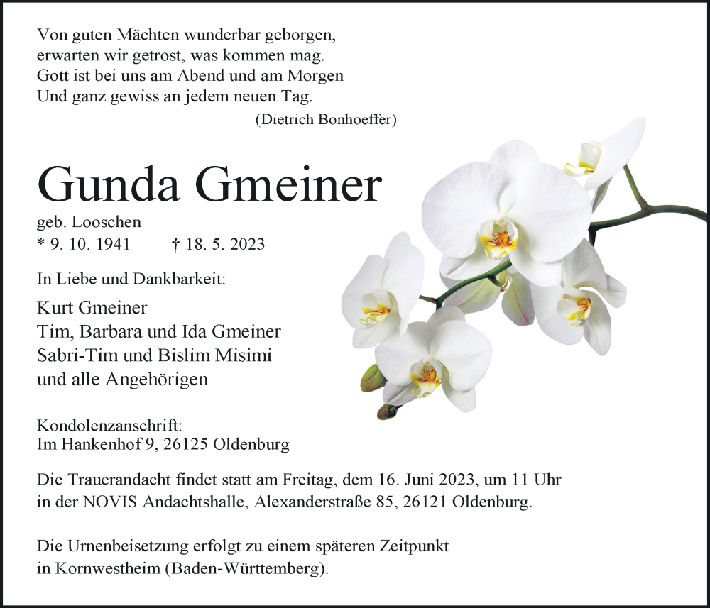  Traueranzeige für Gunda Gmeiner vom 10.06.2023 aus Nordwest-Zeitung