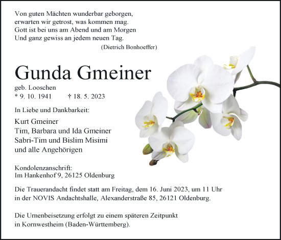 Traueranzeige von Gunda Gmeiner von Nordwest-Zeitung