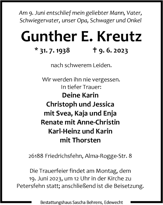 Traueranzeige von Gunther Kreutz von Nordwest-Zeitung