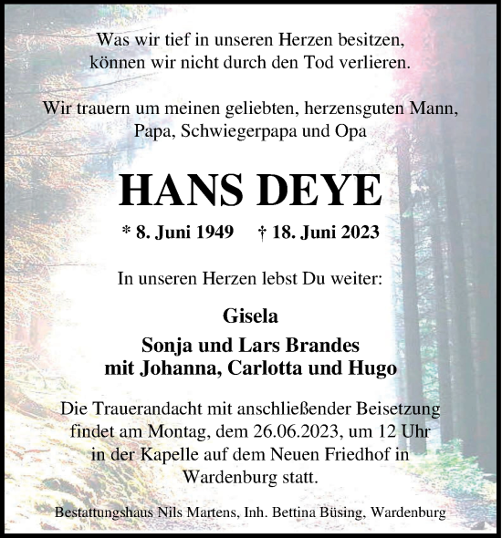 Traueranzeige von Hans Deye von Nordwest-Zeitung