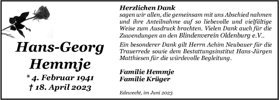 Traueranzeige von Hans-Georg Hemmje von Nordwest-Zeitung