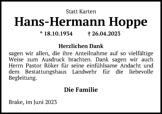 Traueranzeige von Hans-Hermann Hoppe von Nordwest-Zeitung