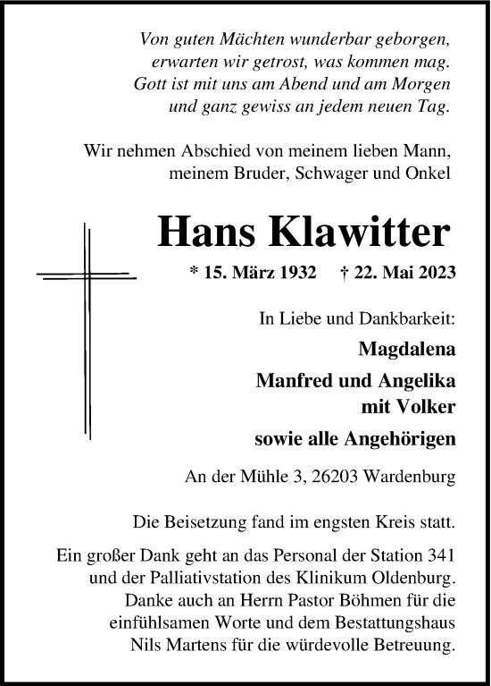 Traueranzeige von Hans Klawitter von Nordwest-Zeitung