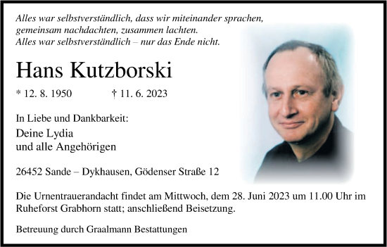 Traueranzeige von Hans Kutzborski von WZ/JW/AH