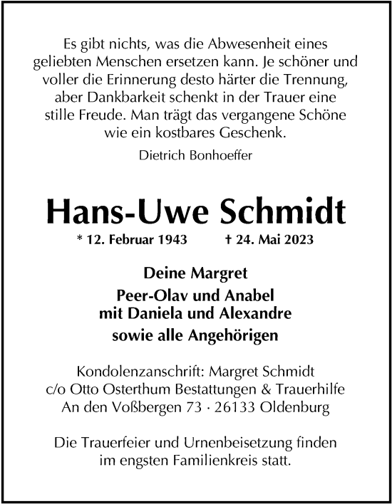 Traueranzeige von Hans-Uwe Schmidt von Nordwest-Zeitung