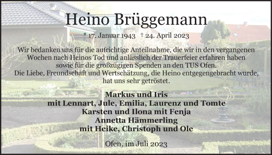 Traueranzeige von Heino Brüggemann von Nordwest-Zeitung