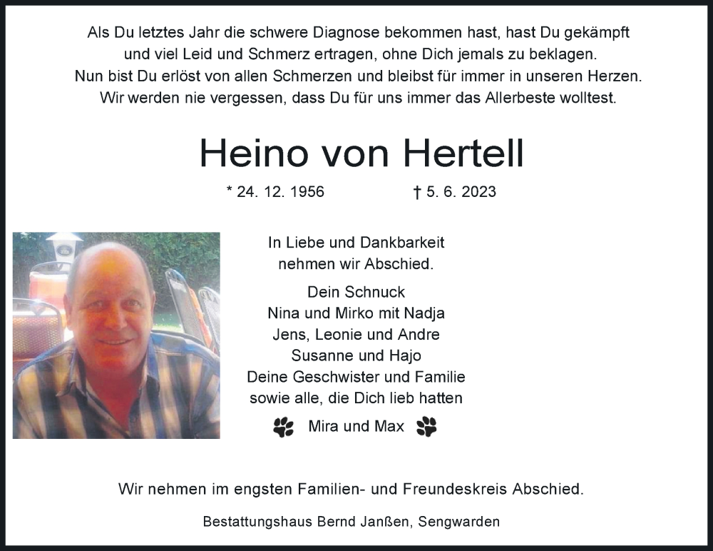  Traueranzeige für Heino von Hertell vom 14.06.2023 aus WZ/JW/AH