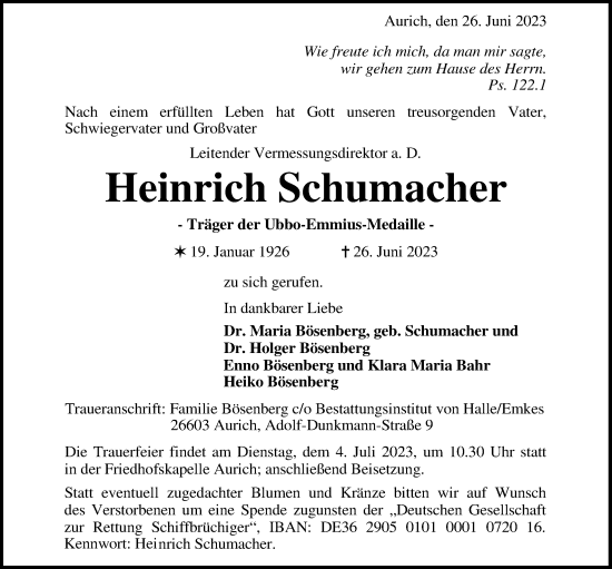 Traueranzeige von Heinrich Schumacher von Emder Zeitung