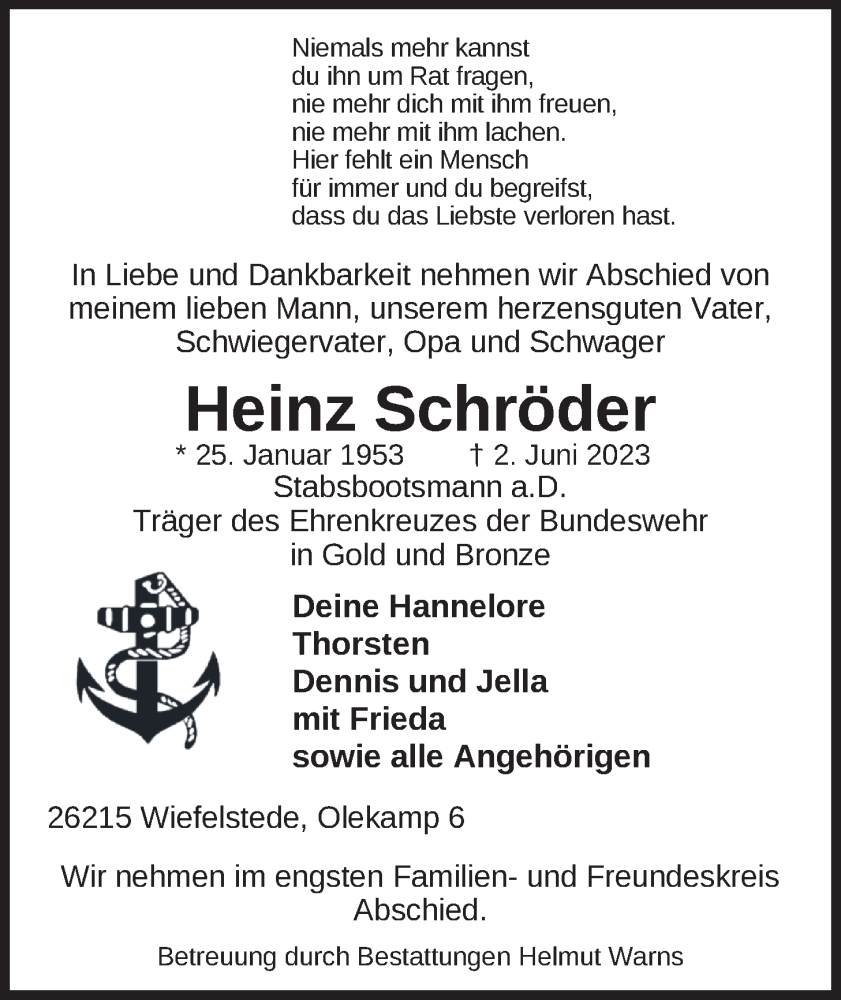  Traueranzeige für Heinz Schröder vom 07.06.2023 aus Nordwest-Zeitung