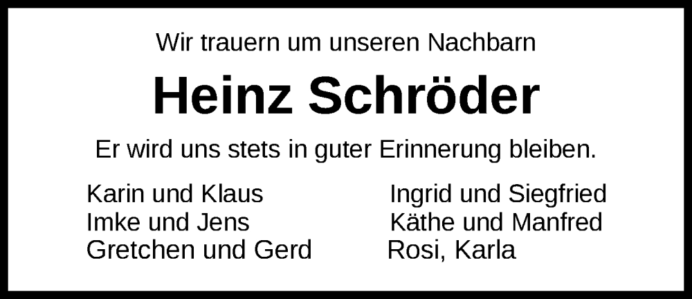  Traueranzeige für Heinz Schröder vom 07.06.2023 aus Nordwest-Zeitung