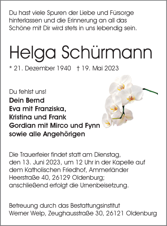 Traueranzeige von Helga Schürmann von Nordwest-Zeitung