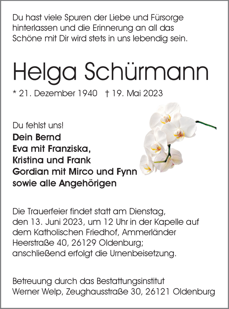 Traueranzeige für Helga Schürmann vom 03.06.2023 aus Nordwest-Zeitung