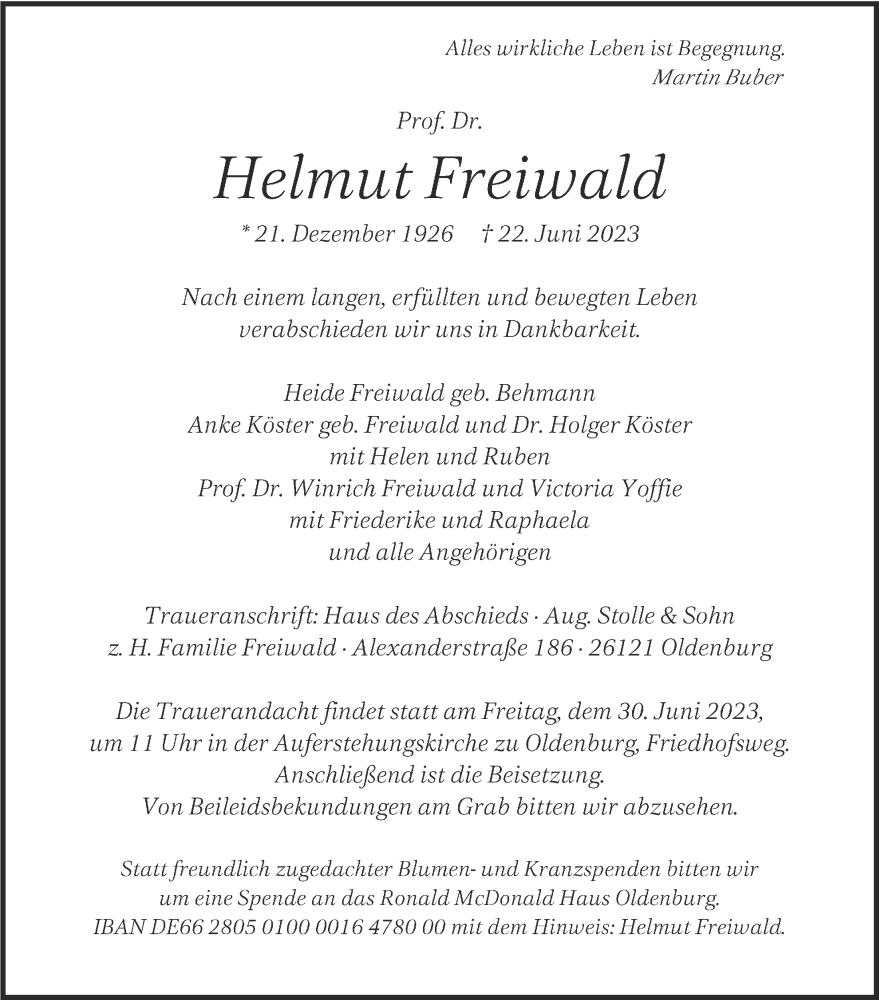  Traueranzeige für Helmut Freiwald vom 27.06.2023 aus Nordwest-Zeitung