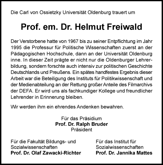 Traueranzeige von Helmut Freiwald von Nordwest-Zeitung