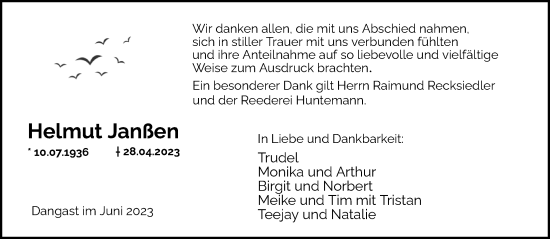 Traueranzeige von Helmut Janßen von Nordwest-Zeitung