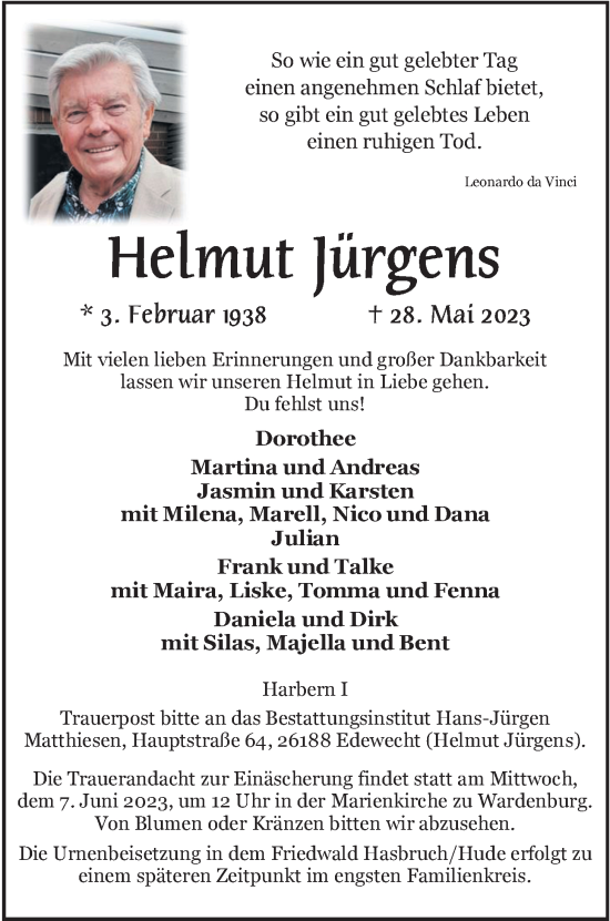 Traueranzeige von Helmut Jürgens von Nordwest-Zeitung